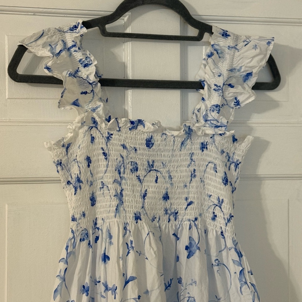 Hill House White Midi Dress with Blue Floral Print